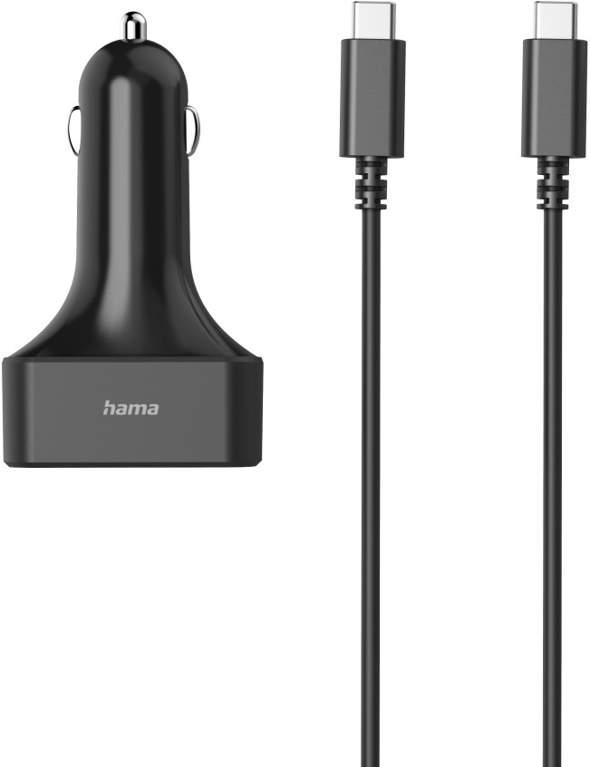 Chargeur de voiture noir et deux câbles USB-C noirs.