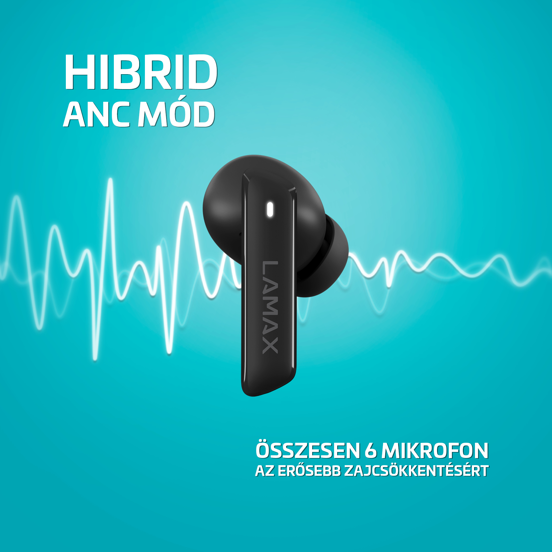 Fekete fülhallgató szöveggel és kék háttérrel, hullámformával.