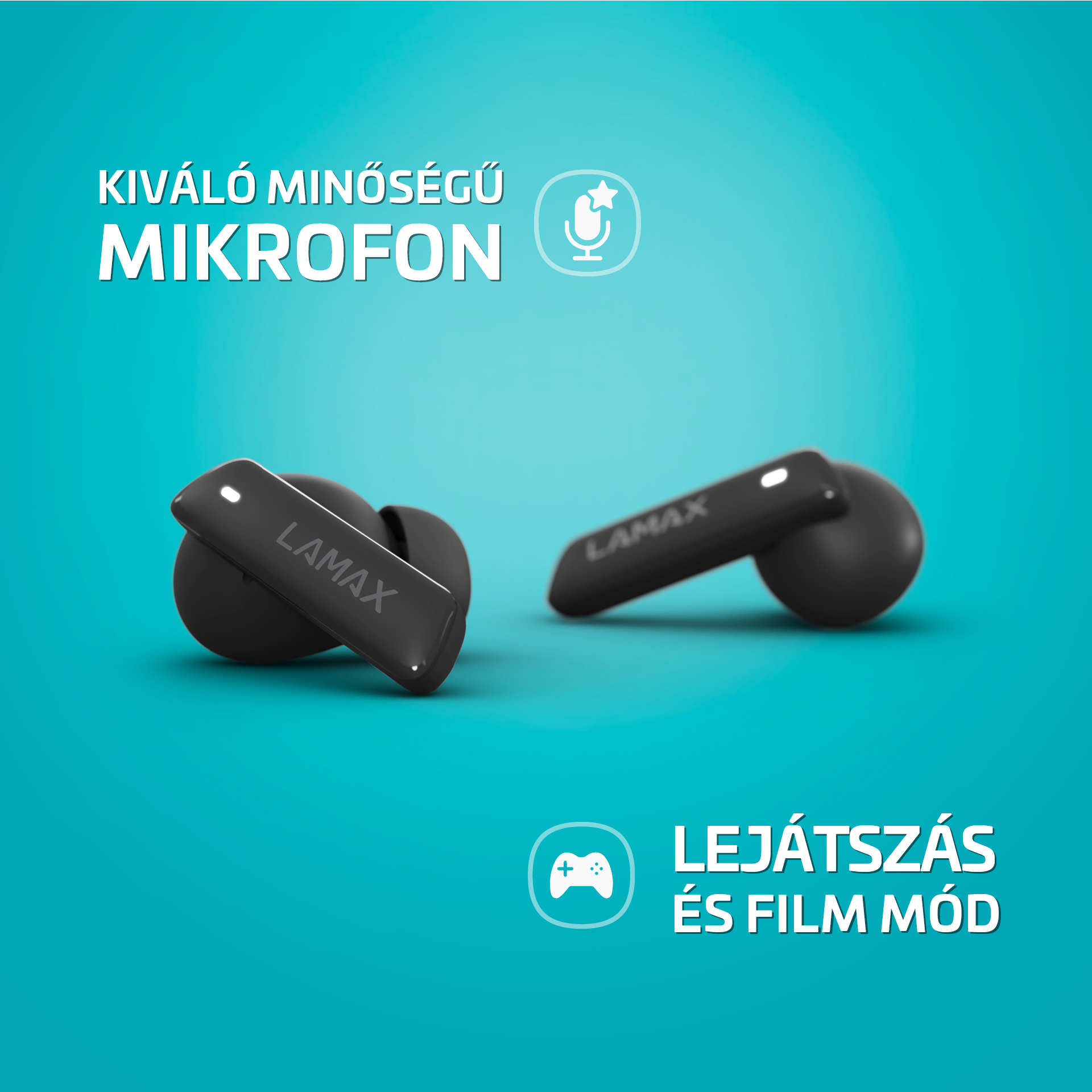 Fekete Lamax fülhallgató kék háttéren, szöveggel és ikonokkal.
