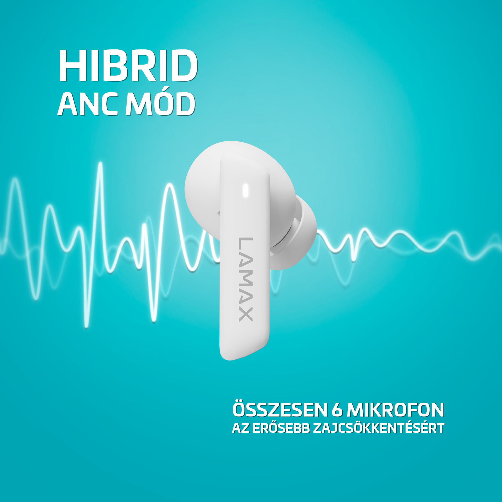 Fehér LAMAX fülhallgató szöveggel és kék háttérrel, hanghullám-dizájnnal.