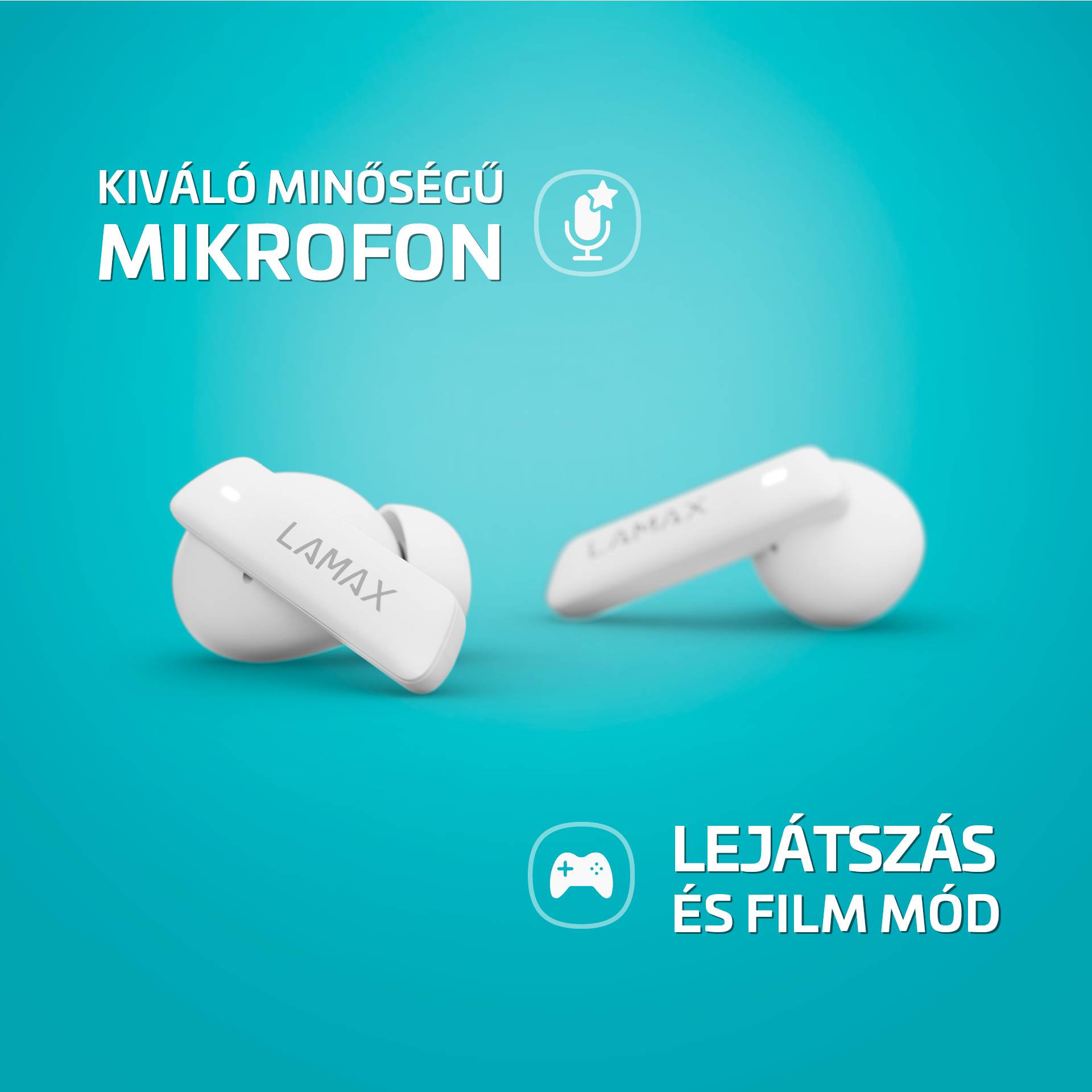 Fehér fülhallgató szöveggel, kék háttér szöveggel.