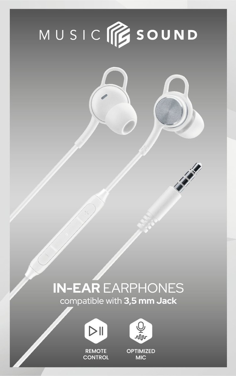 Weiße In-Ear-Kopfhörer mit Fernbedienung und optimiertem Mikro.