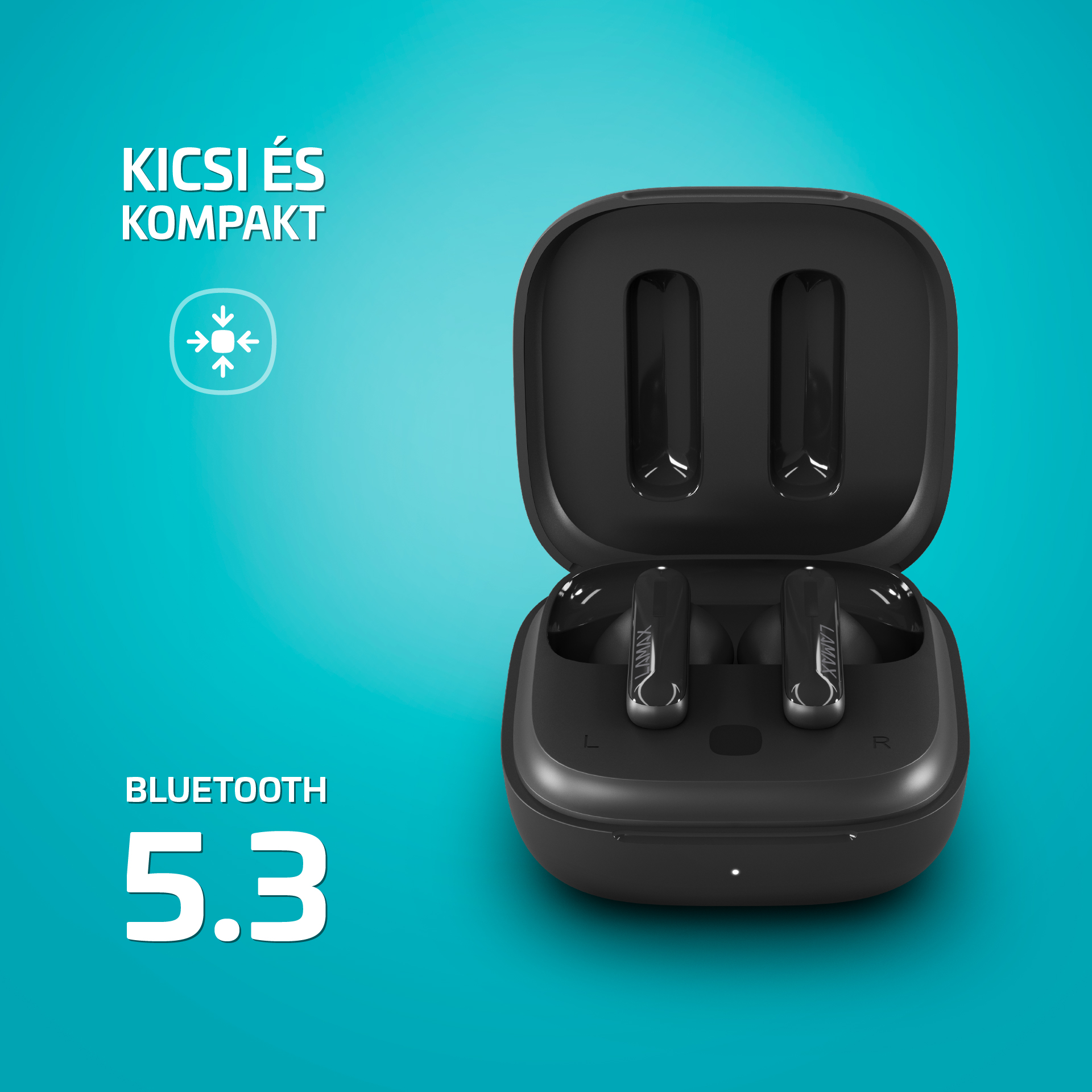 Fekete töltőtok fülhallgatókkal, magyar felirattal: 'Kicsi és kompakt', 'Bluetooth 5.3'.