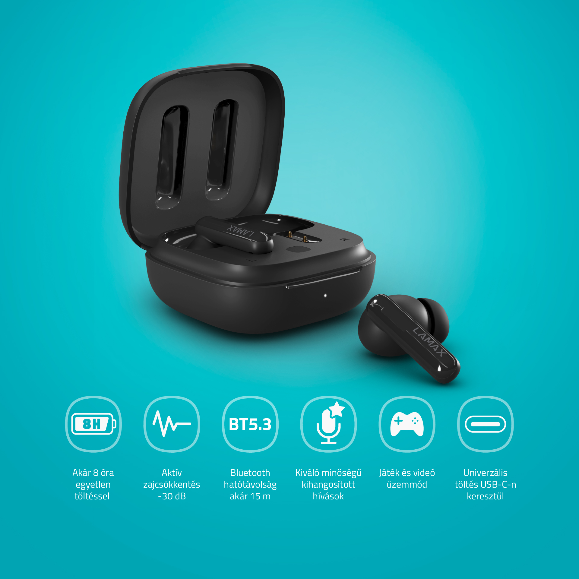Fekete LAMAX fülhallgatók és töltőtok kék háttéren, ikonokkal, amelyek zajszűrést és Bluetooth-t mutatnak.
