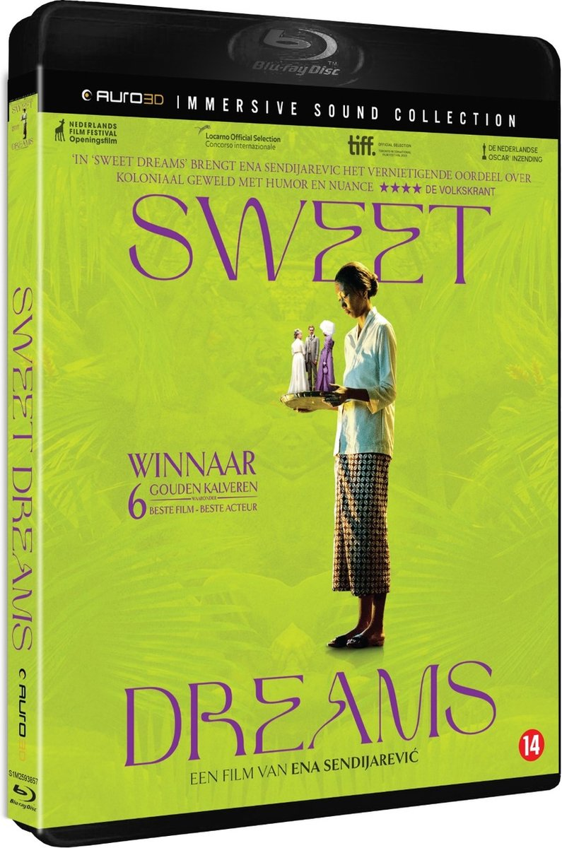 Boîtier DVD du film Sweet Dreams, fond vert, une femme tenant un bâtiment miniature.