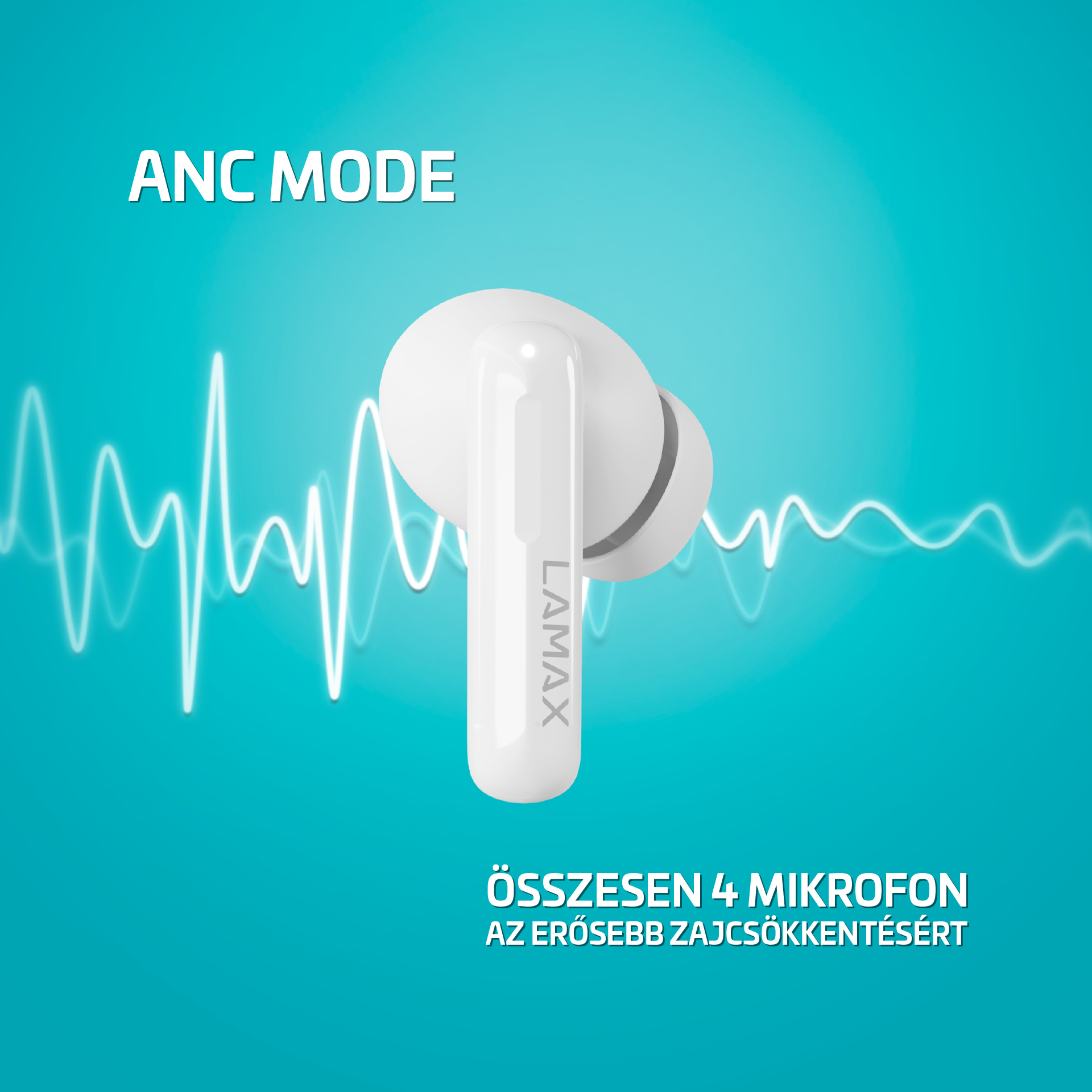 Fehér fülhallgató szöveggel és hanghullám grafikával, zajszűrést jelez.