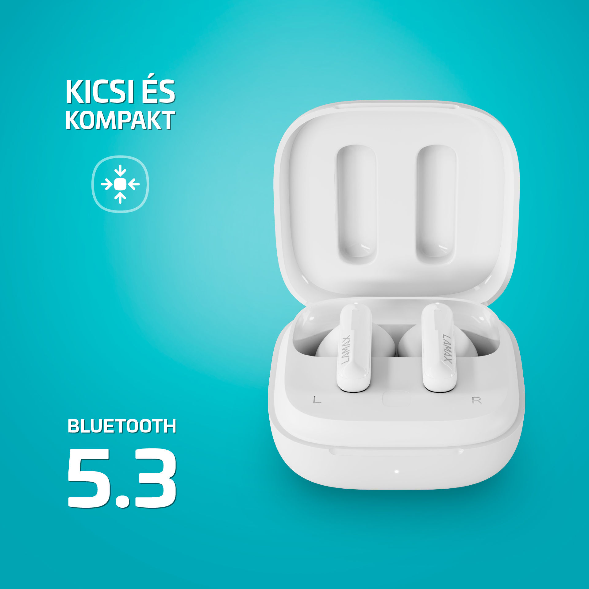 Fehér fülhallgatók egy fehér töltőtokban, "Kicsi És Kompakt" és "Bluetooth 5.3" szöveggel.