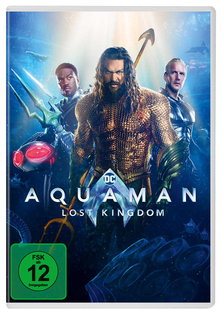 Aquaman: Lost Kingdom DVD-Cover mit Aquaman und zwei weiteren Charakteren auf blauem Hintergrund.
