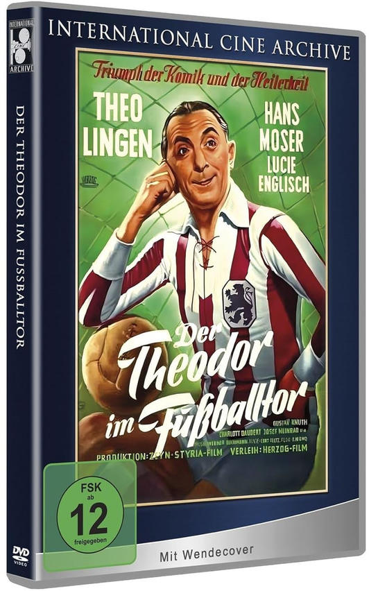 DVD-Cover mit einem Mann in Fußballtrikot. Text: 'Der Theodor im Fußballtor'. Deutsch.