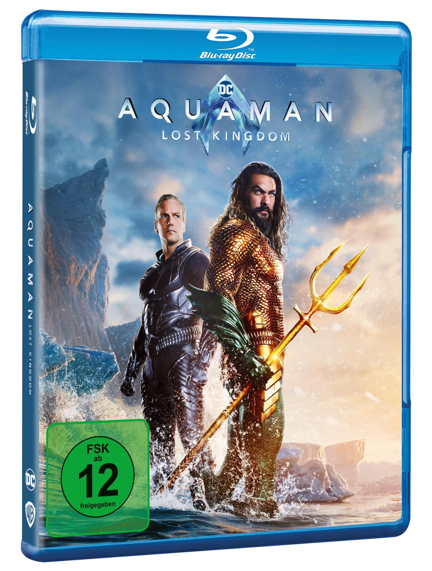 Aquaman: Lost Kingdom Blu-ray-Disc-Hülle, mit zwei Männern und einem Dreizack.