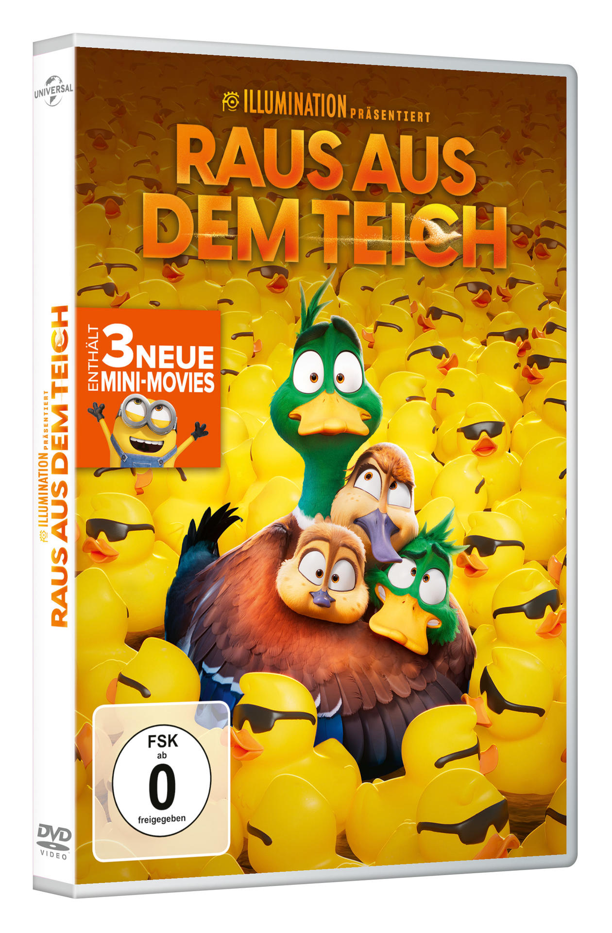 DVD-Hülle mit einer Entenfamilie auf dem Cover vor vielen Spielzeugenten. Text: 'Raus aus dem Teich'.