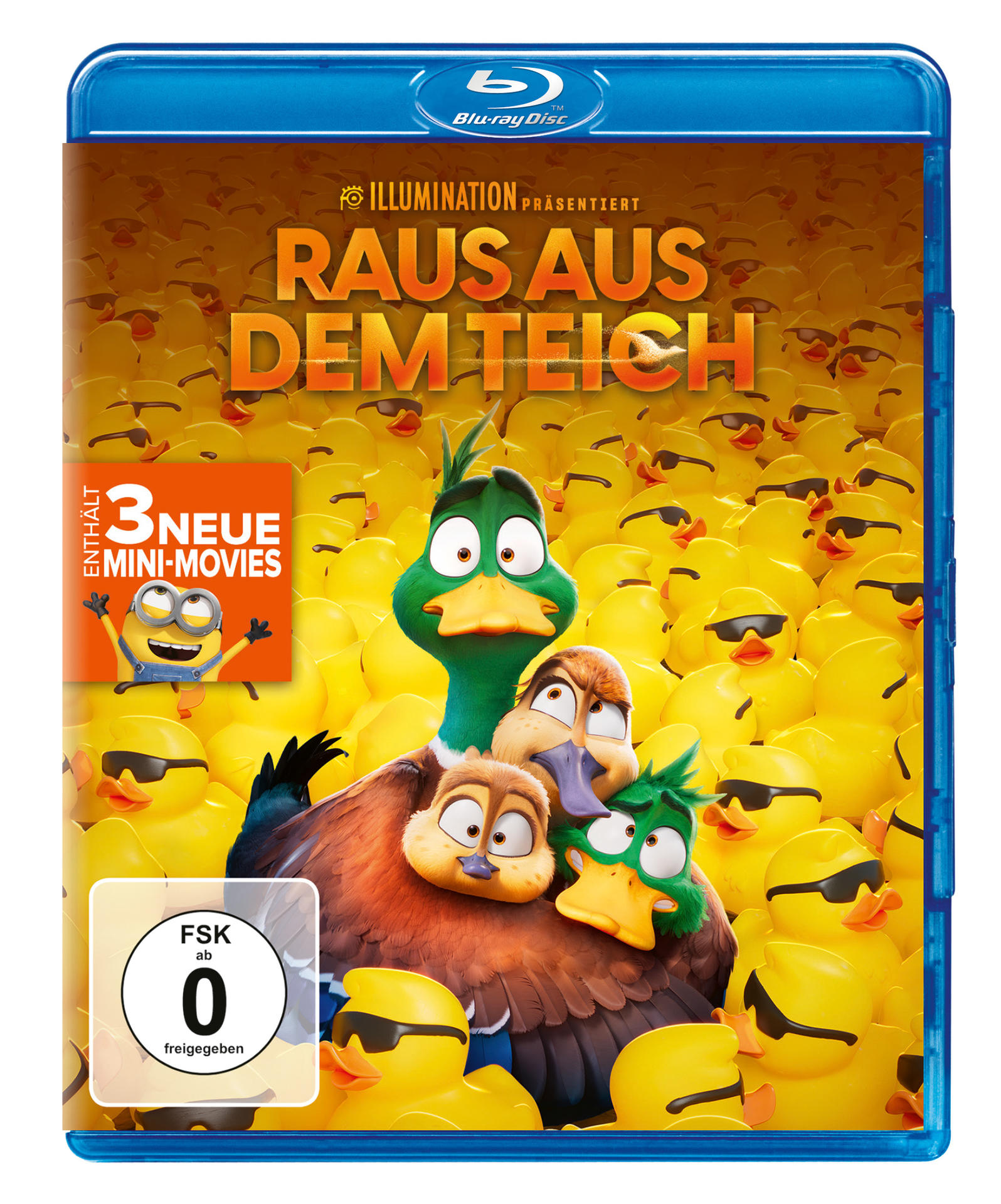 Blu-ray-Cover für 'Raus aus dem Teich'. Animierte Enten mit Sonnenbrillen und ein Minion.