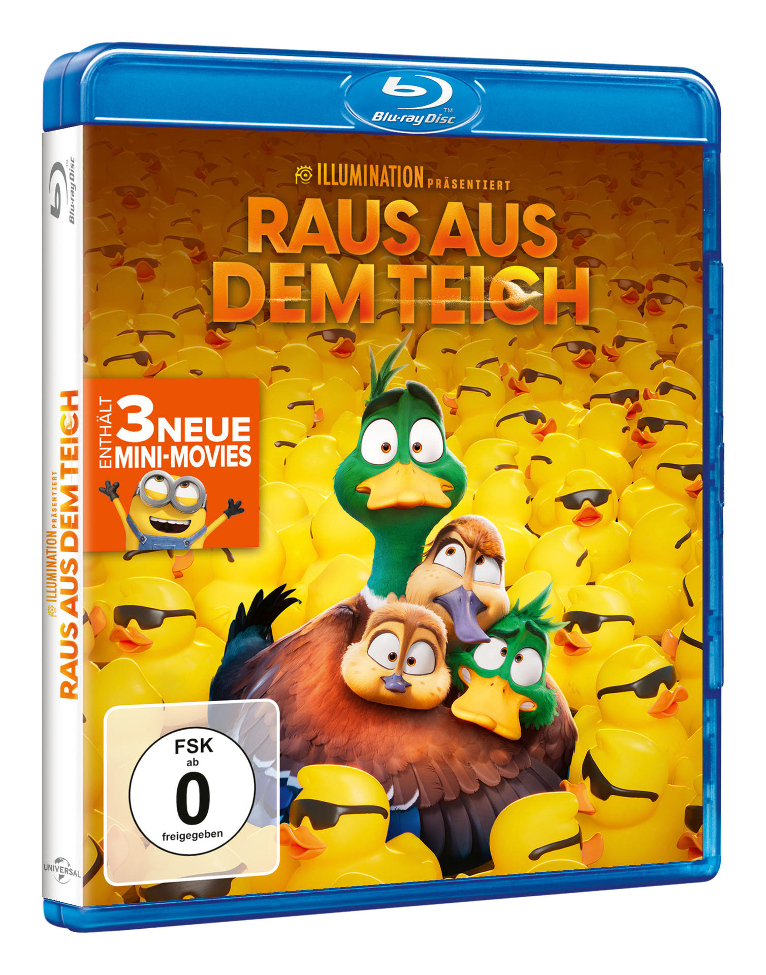 Blu-ray-Filmcover: Enten in einem Teich mit einem Minion. Deutscher Text.