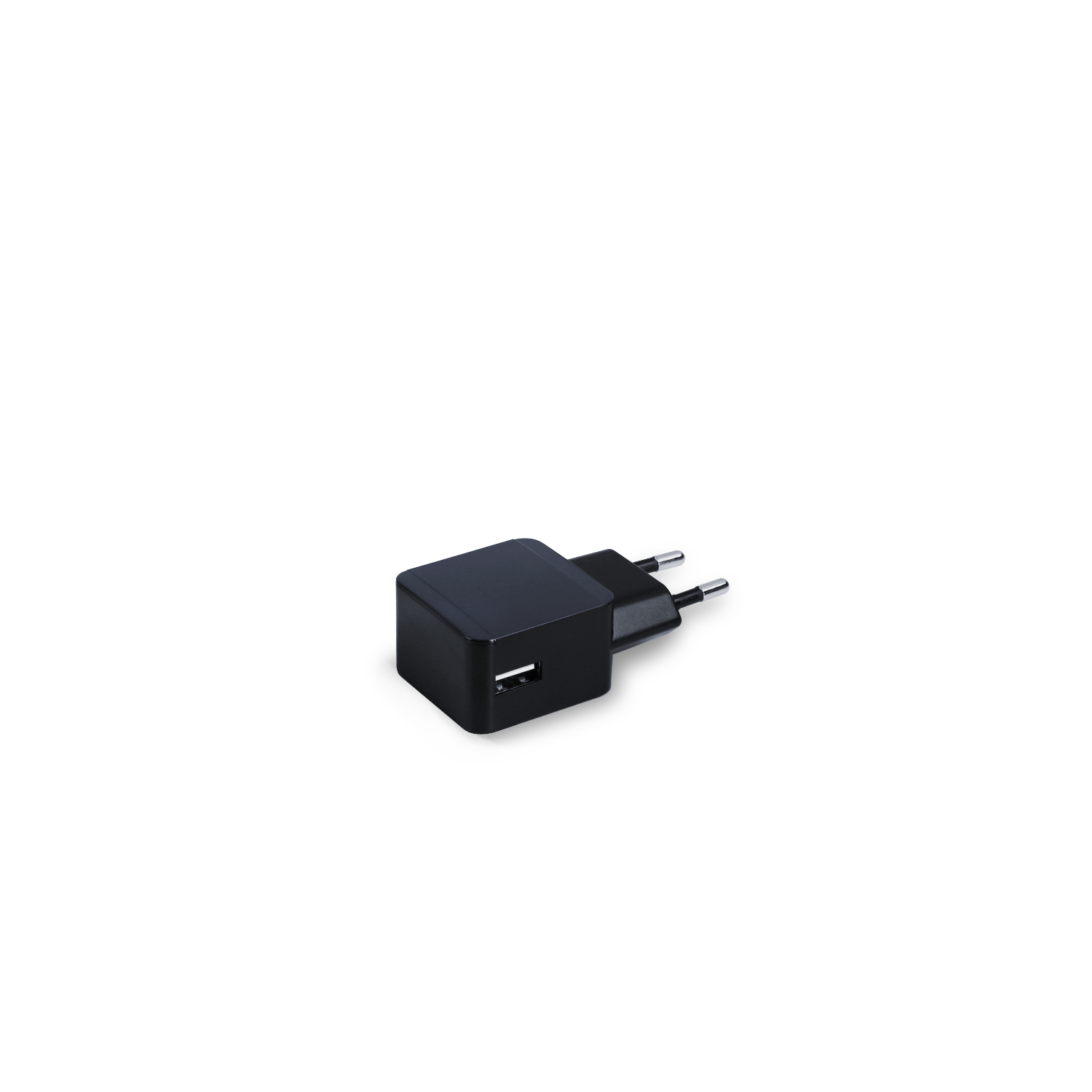 Black charger with USB port on a white background.