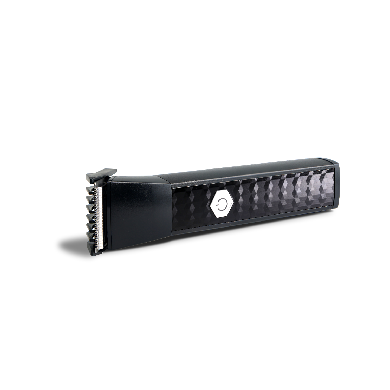 A black hair trimmer, angled left, on a white background. The trimmer has a power button.