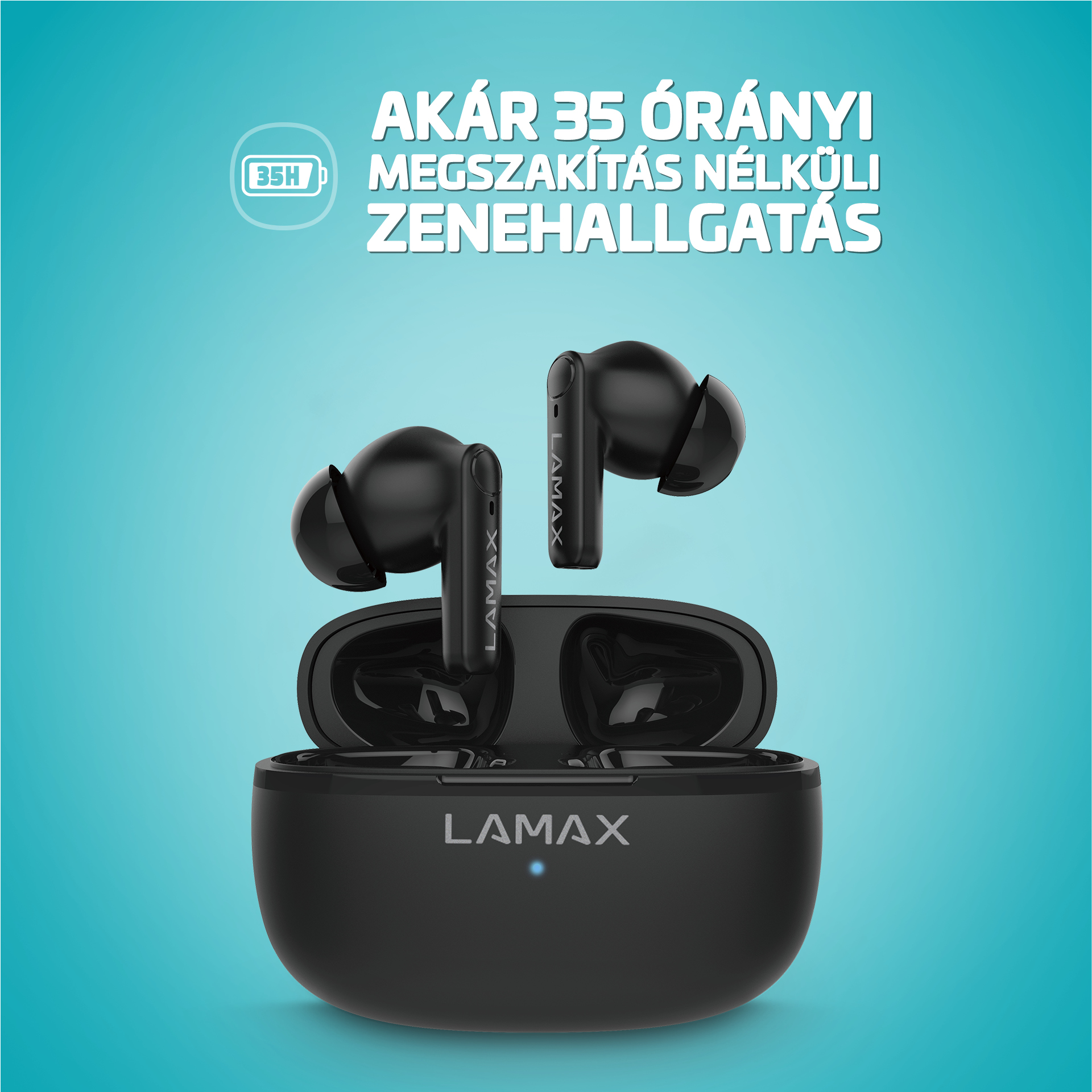 Fekete fülhallgatók és töltőtok, kék átmenetes háttérrel. A márkanév látható.