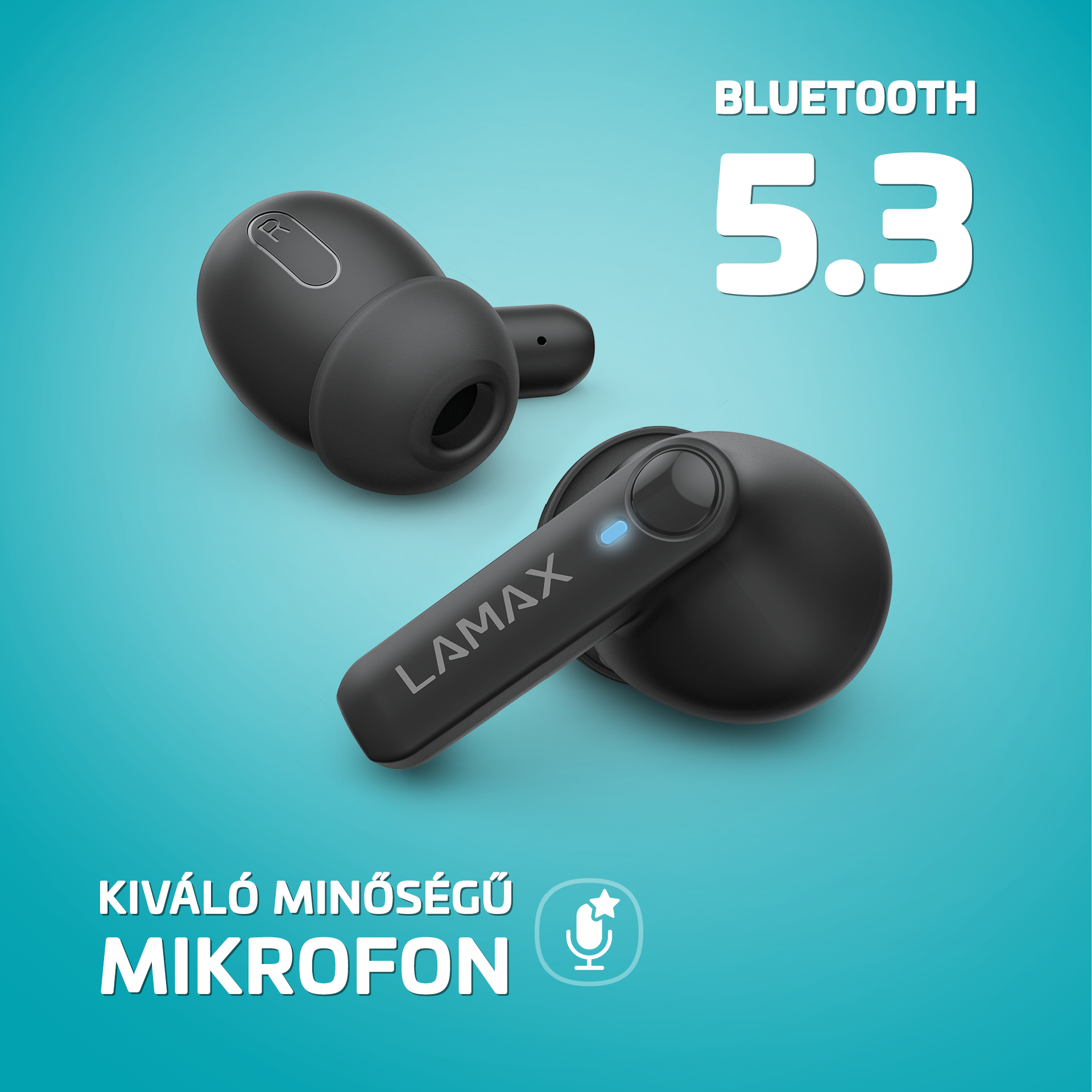 Két fekete fülhallgató a "LAMAX" felirattal. Kék háttér és a "BLUETOOTH 5.3" szöveg.