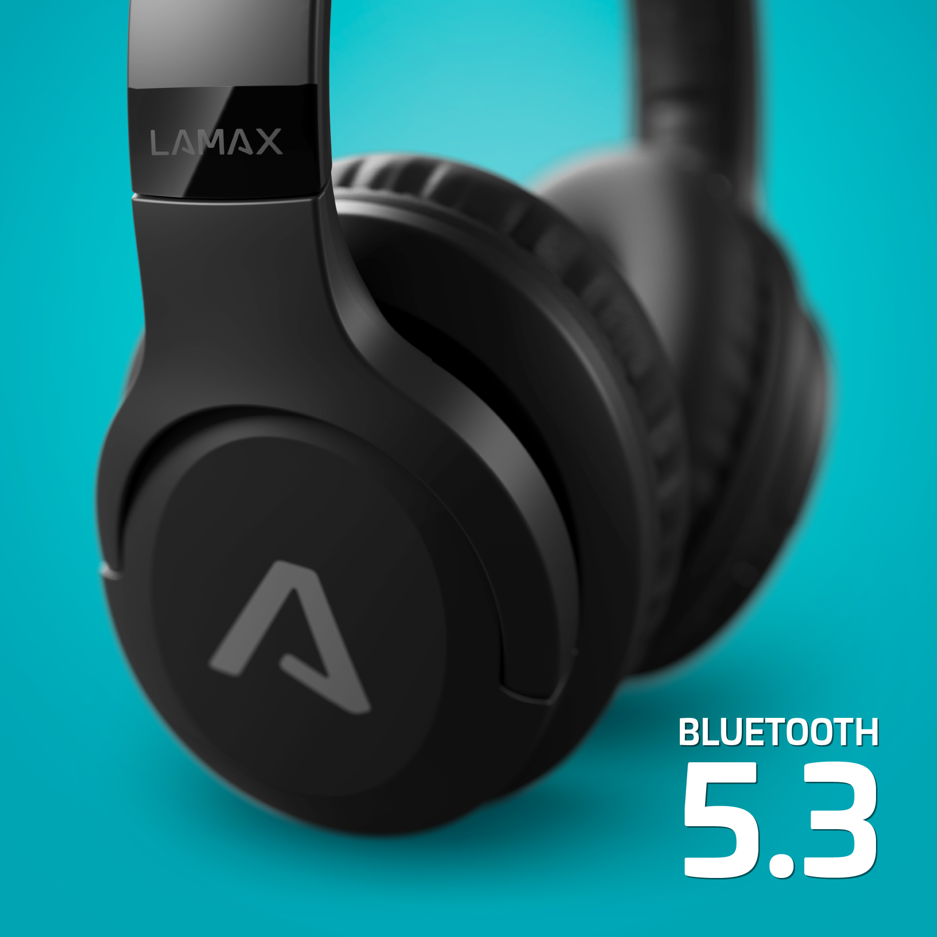Fekete LAMAX fejhallgató kék háttérrel, a márka logójával és a "Bluetooth 5.3" szöveggel.