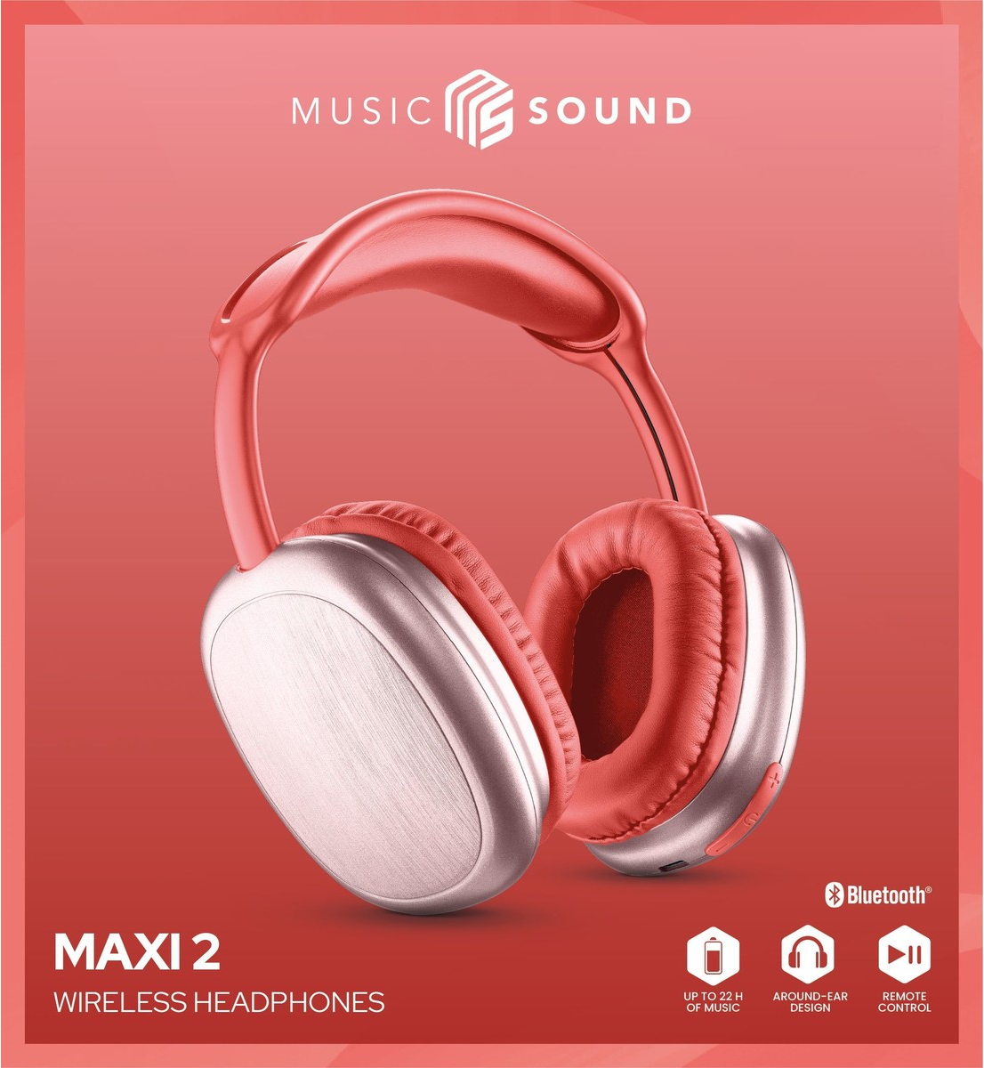 Cuffie over-ear in rosso e argento, con sfondo rosso e testo.