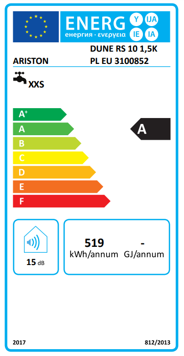 Energia címke, amely A energiahatékonyságot mutat egy Ariston készülékhez.