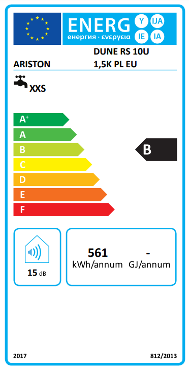 Egy kék szegélyű energiahatékonysági címke, amely egy „B” besorolást mutat.