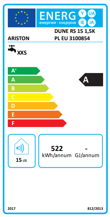 Energiahatékonysági címke vízmelegítőhöz. Tartalmazza az A energiaosztályt és egyéb részleteket.