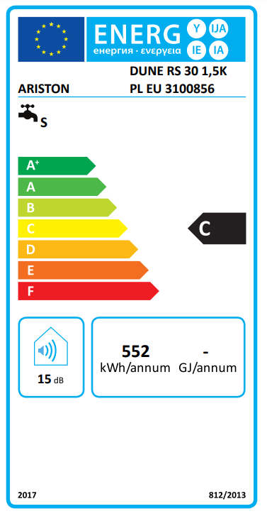 Egy energiahatékonysági címke, C besorolással és ARISTON logóval.