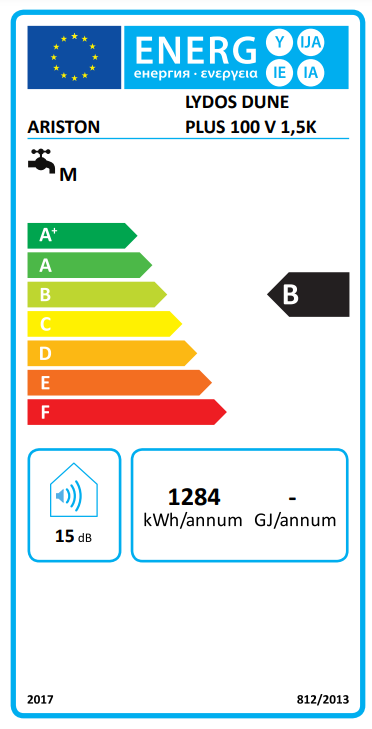 Energia cimke Ariston Lydos Dune Plus 100 V 1,5K-val. B energiaosztály. Csap ikonnal.
