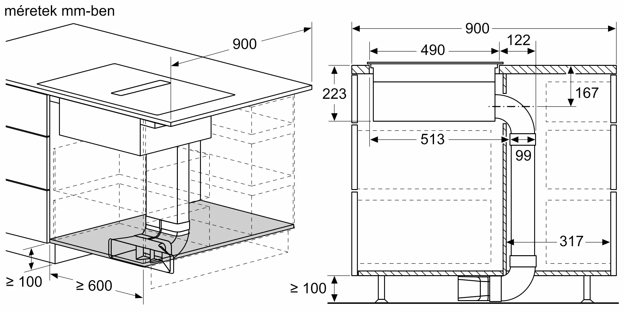 Diagram egy konyhai mosogató elrendezéséről méretekkel. Méretek mm-ben.