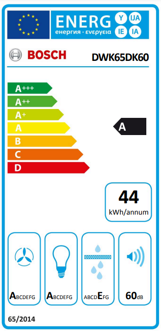 Bosch készülék energia címkéje, energiahatékonysági adatokkal.