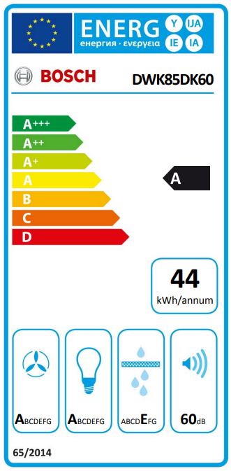 Energia címke egy Bosch készülékhez. A címke energiahatékonysági besorolásokat és a készülék ikonjait mutatja.