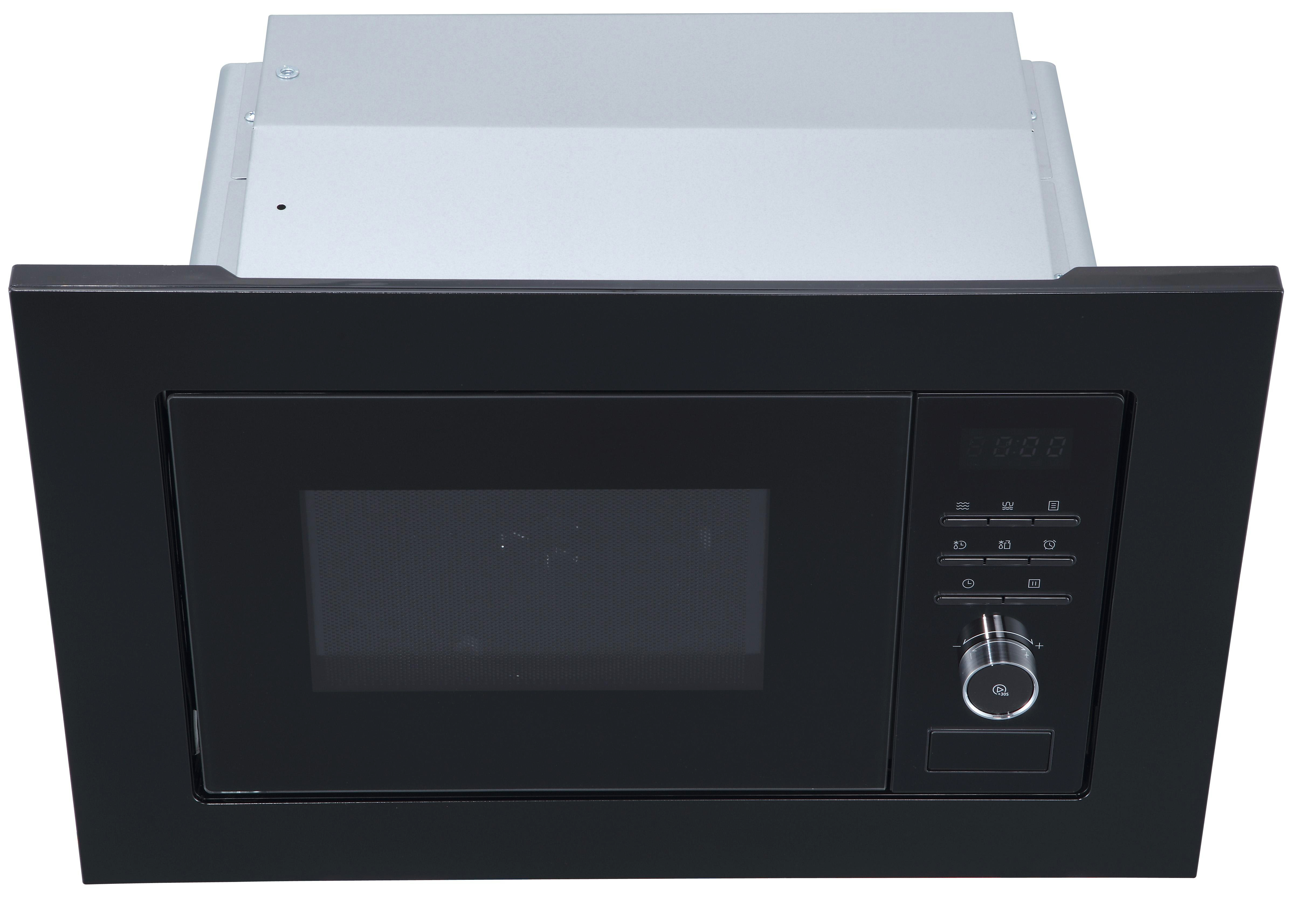 Schwarze Mikrowelle. Vorderansicht mit Bedienknöpfen und Display.
