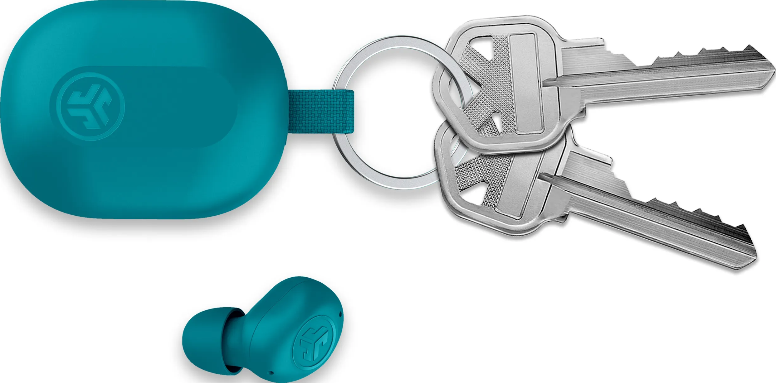 Écouteurs bleu turquoise, étui de chargement, porte-clés et deux clés sur une surface blanche.