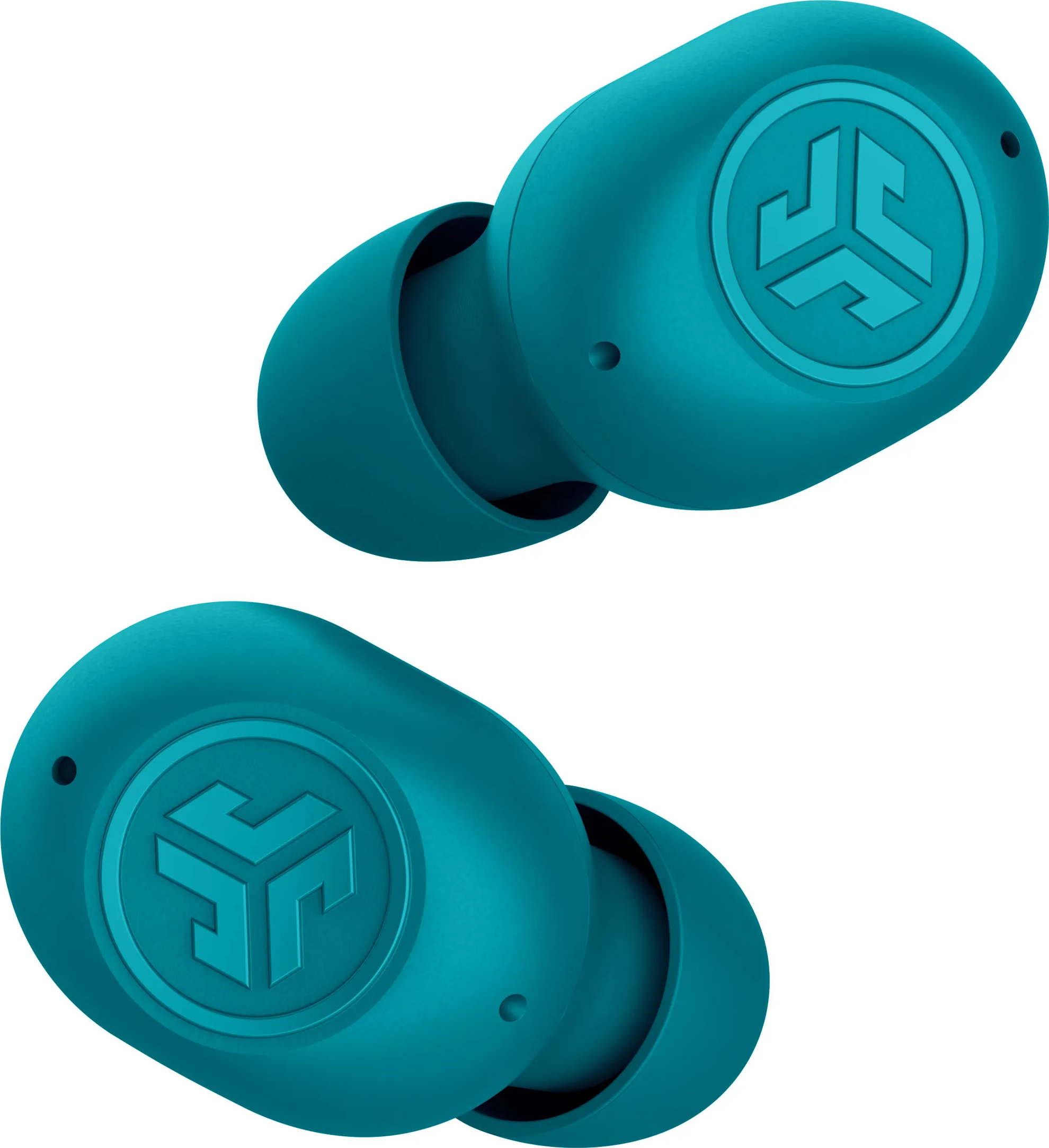 Deux écouteurs turquoise, légèrement inclinés, isolés sur fond blanc. Logo visible.