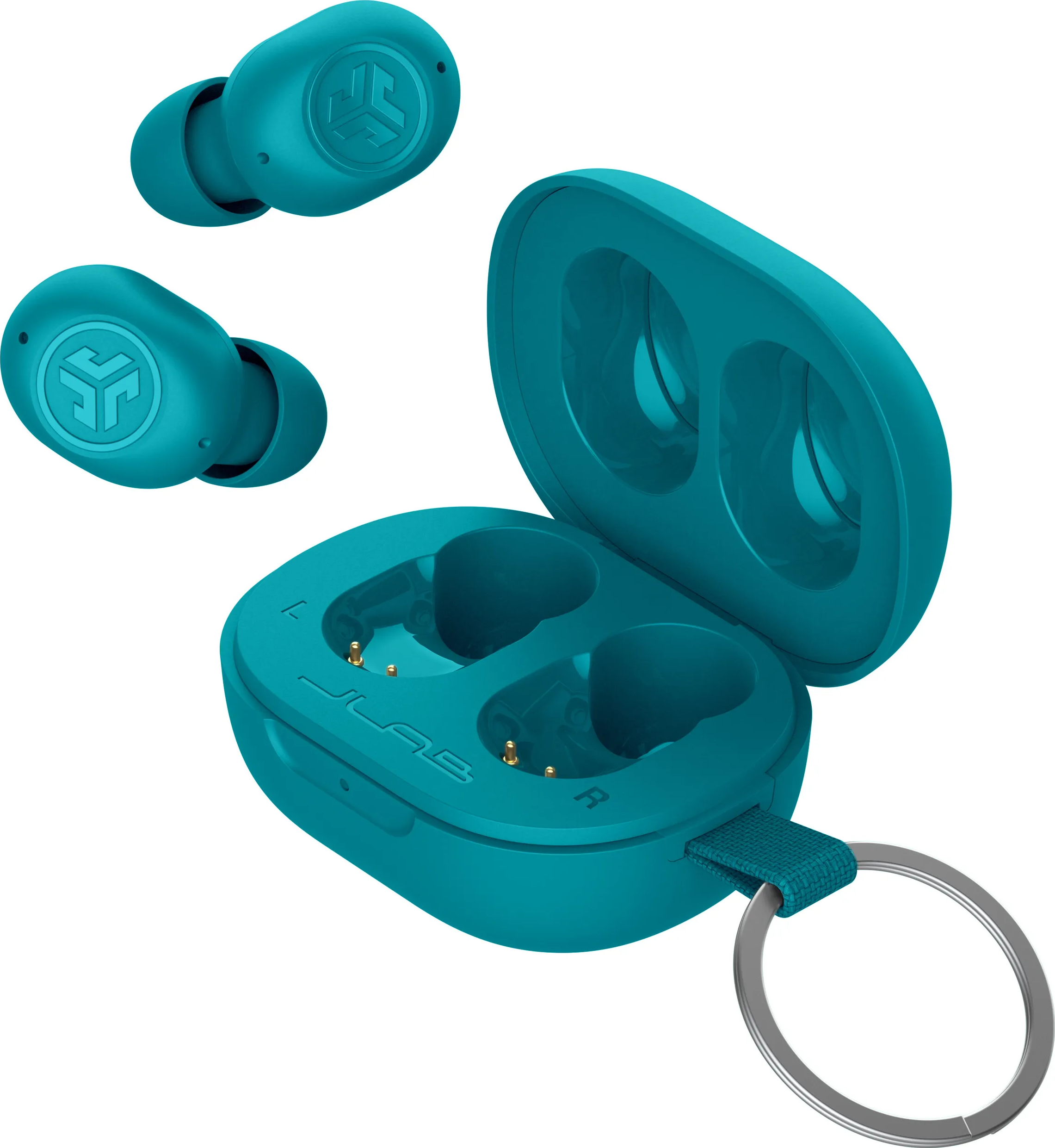 Écouteurs turquoise avec étui de chargement. Deux écouteurs sont séparés. Étui ouvert, affichant ports.