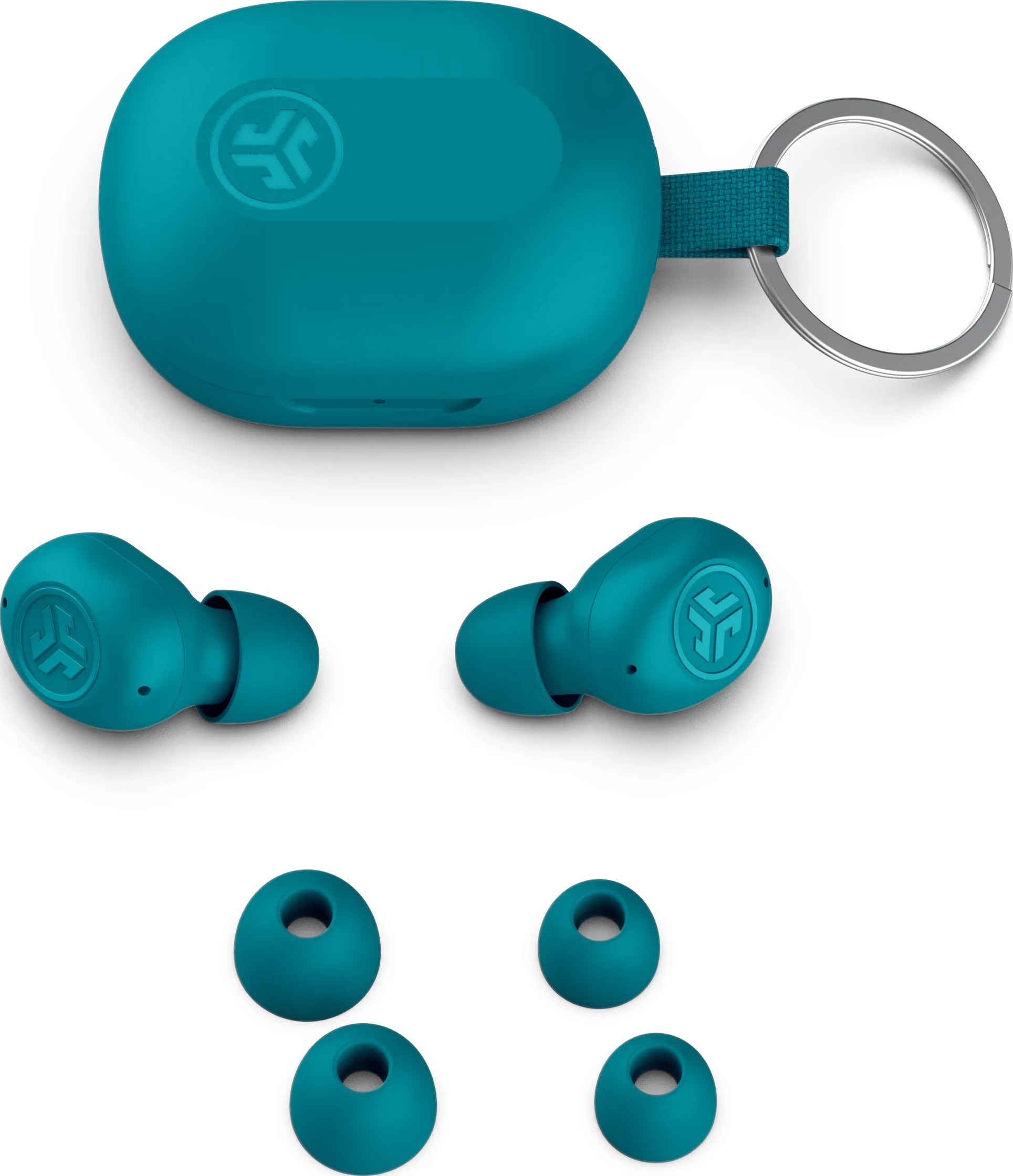 Écouteurs turquoise avec étui de chargement et embouts supplémentaires, sur fond blanc.