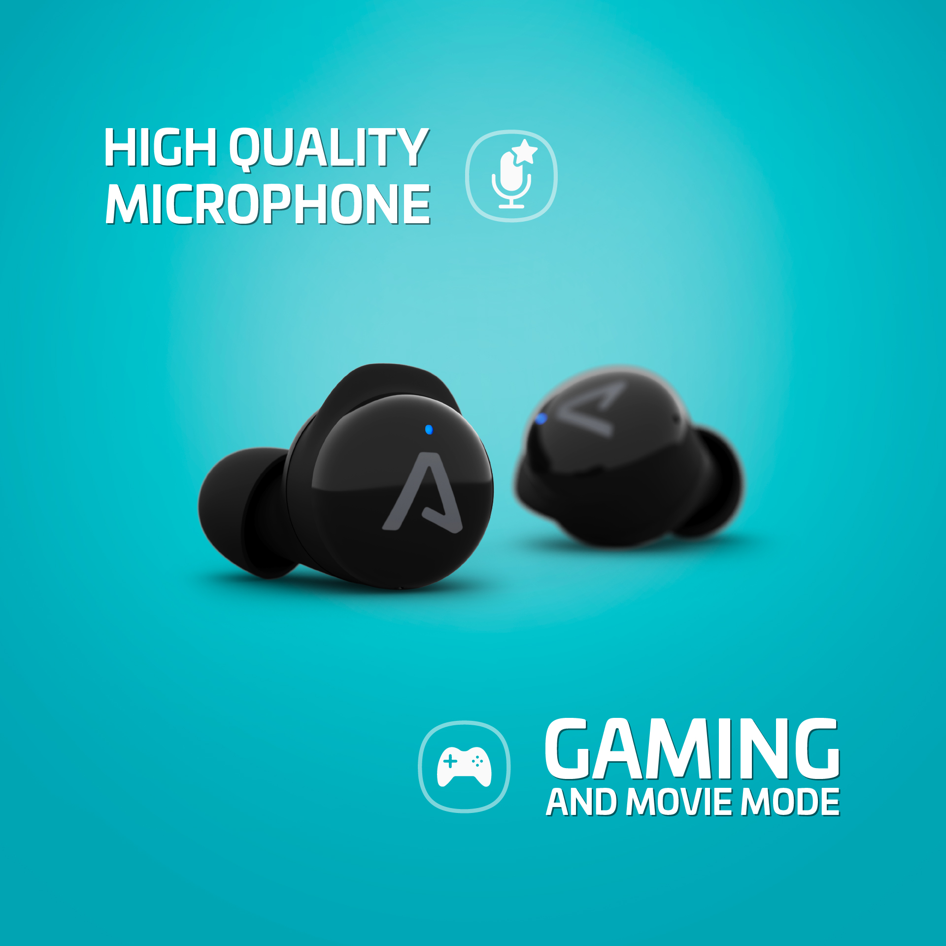 Fekete fülhallgató fehér logóval, kék háttéren, szöveggel: Kiváló minőségű mikrofon és Gaming.