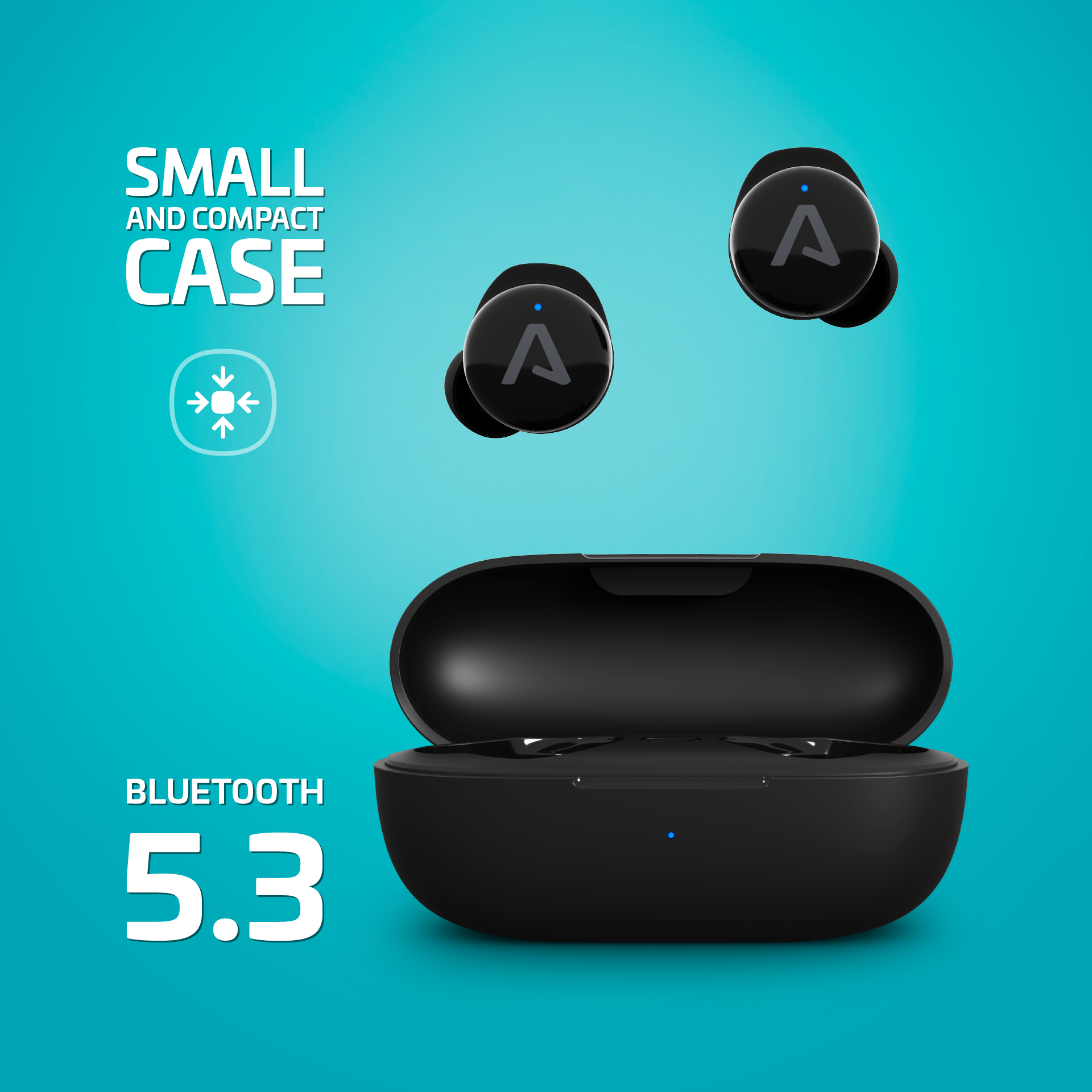 Fekete fülhallgató és tok, kék díszítéssel, Bluetooth 5.3 szöveg.