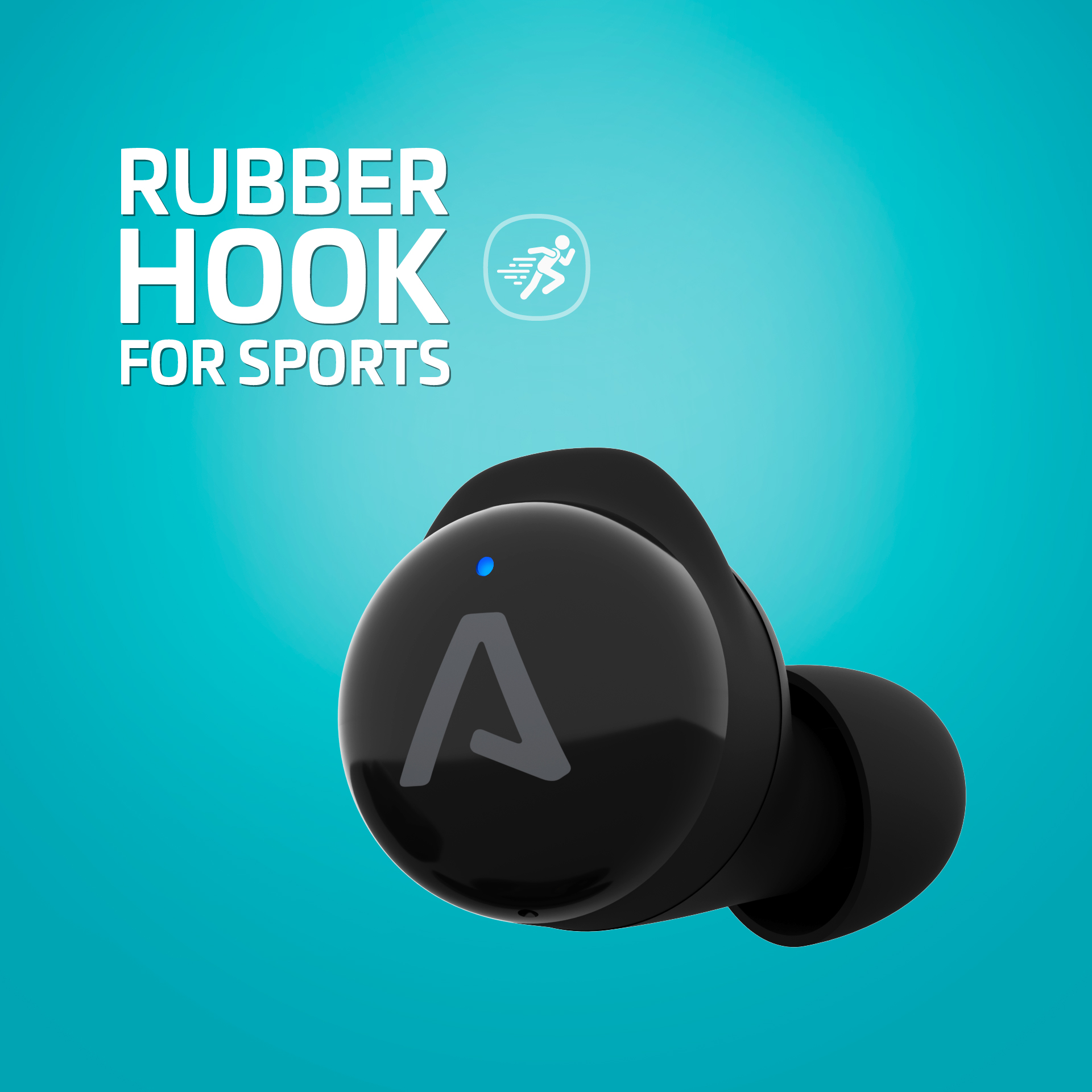 Fekete fülhallgató fehér A-val, 'RUBBER HOOK FOR SPORTS' felirattal.