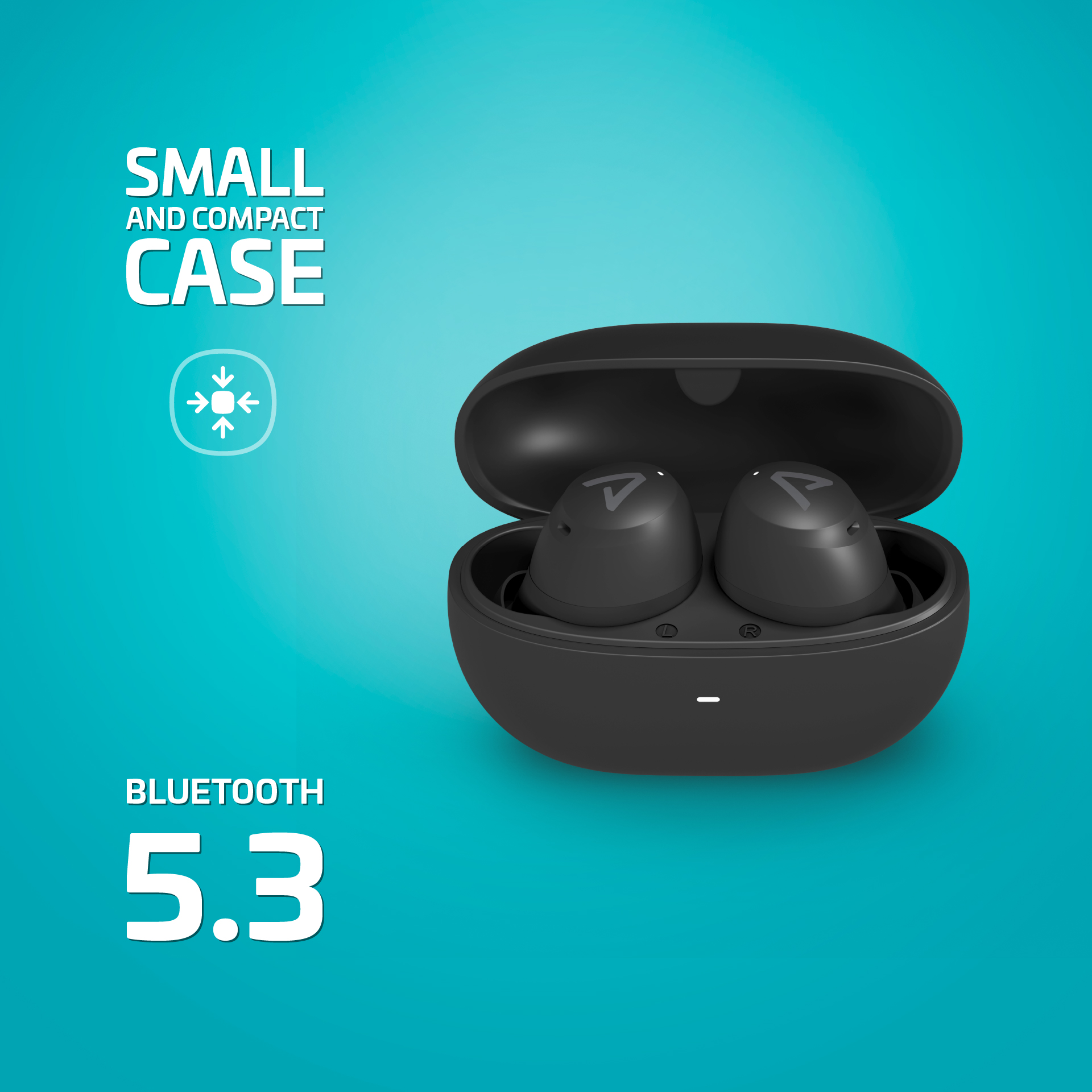 Fekete fülhallgatók tokban, szöveggel: kicsi és kompakt tok, Bluetooth 5.3.