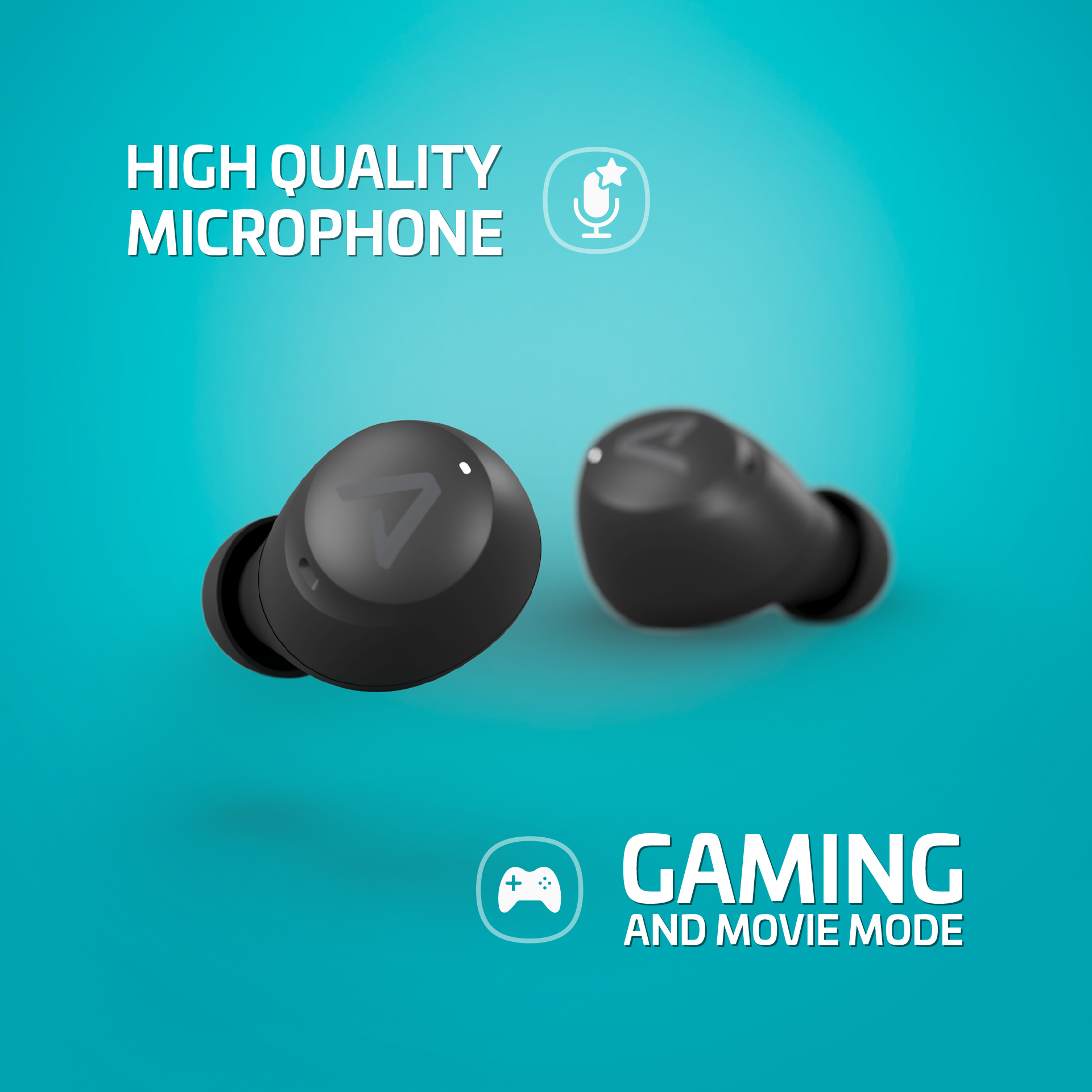 Fekete fülhallgatók. A szöveg a következő: 'High Quality Microphone' és 'Gaming and Movie Mode'.
