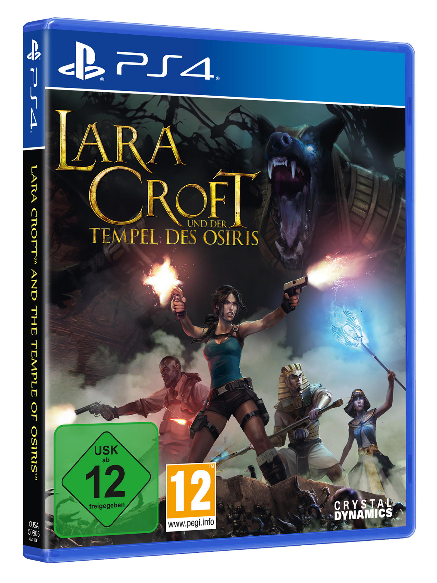 Videospiel-Cover, Lara Croft in Aktion mit zwei Waffen, Tempelszene.