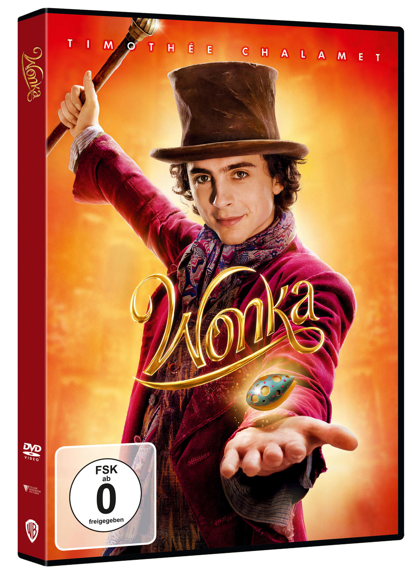 Wonka DVD-Cover mit Timothée Chalamet. Er hält einen Stock, trägt einen Zylinder. Gold- und Rot-Farbschema.