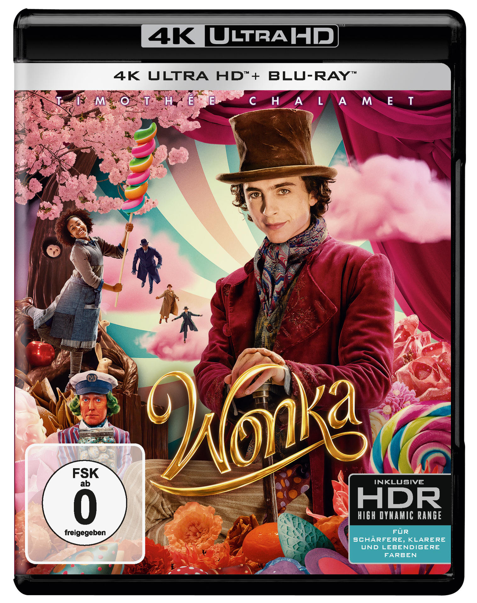 Filmcover. Timothée Chalamet in rotem Mantel. Titel: Wonka. Hintergrund: Kirschblüten und Süßigkeiten.