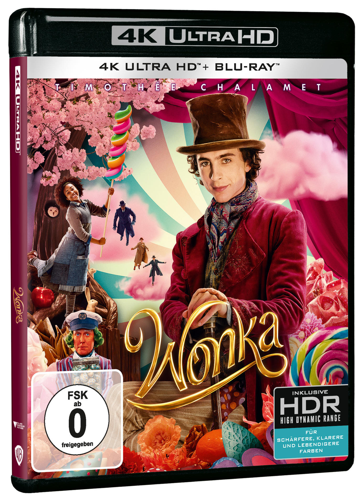 Filmcover von 'Wonka' mit Timothée Chalamet, farbenfrohen Bildern und einem Rating-Label.
