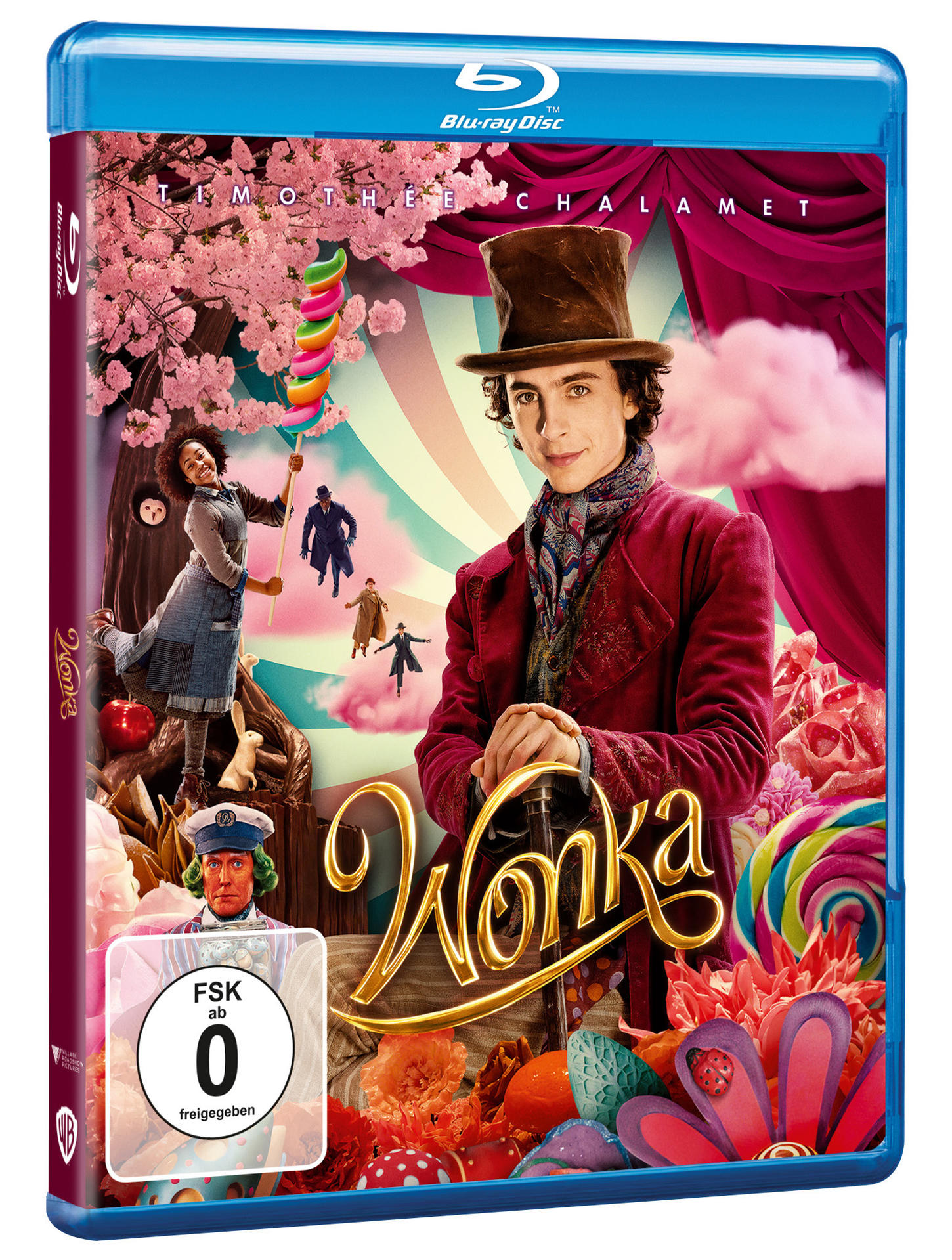 Wonka Blu-ray-Disc-Cover mit Timothée Chalamet und farbenfrohen Grafiken.