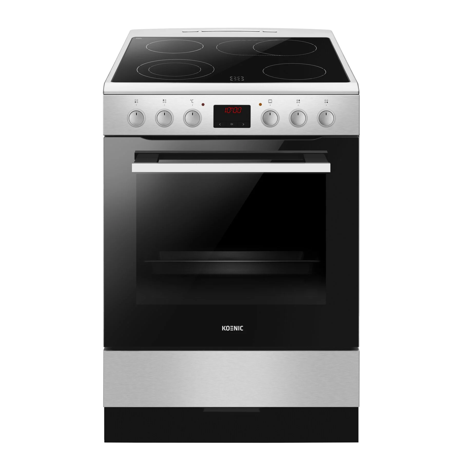 Stainless steel oven with a black glass door. White background.