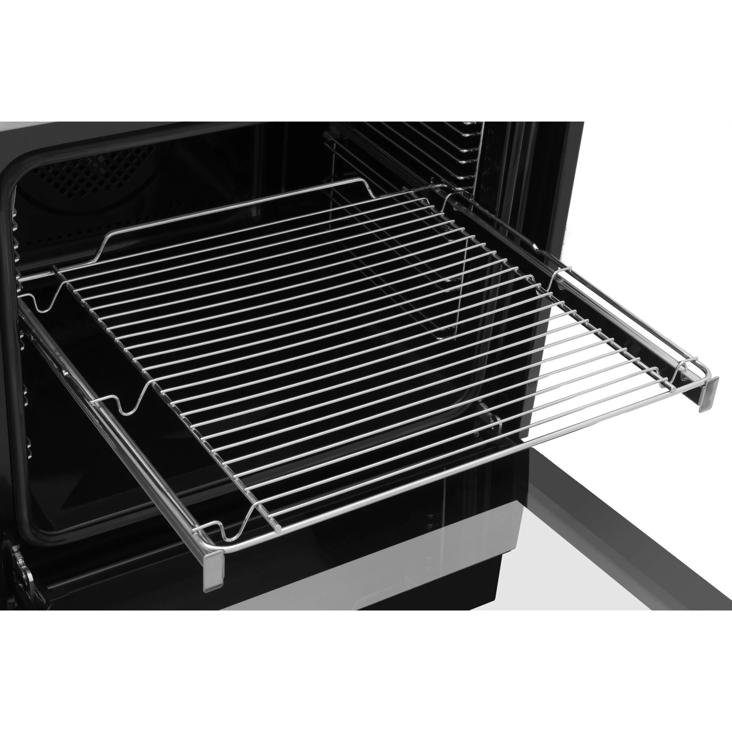 Stainless steel oven rack extended from a black oven. 
