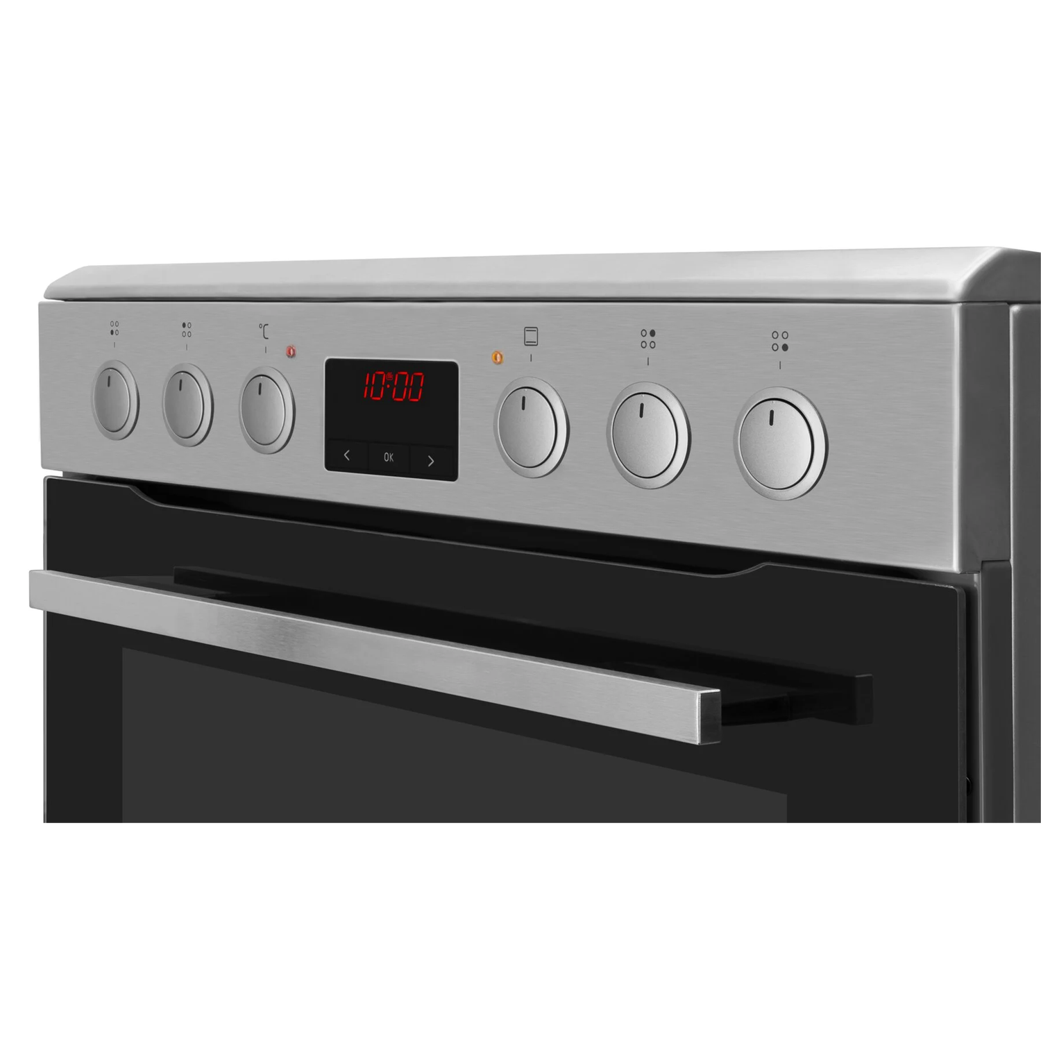 Silver oven control panel displaying 10:00. Buttons and a digital display are visible.