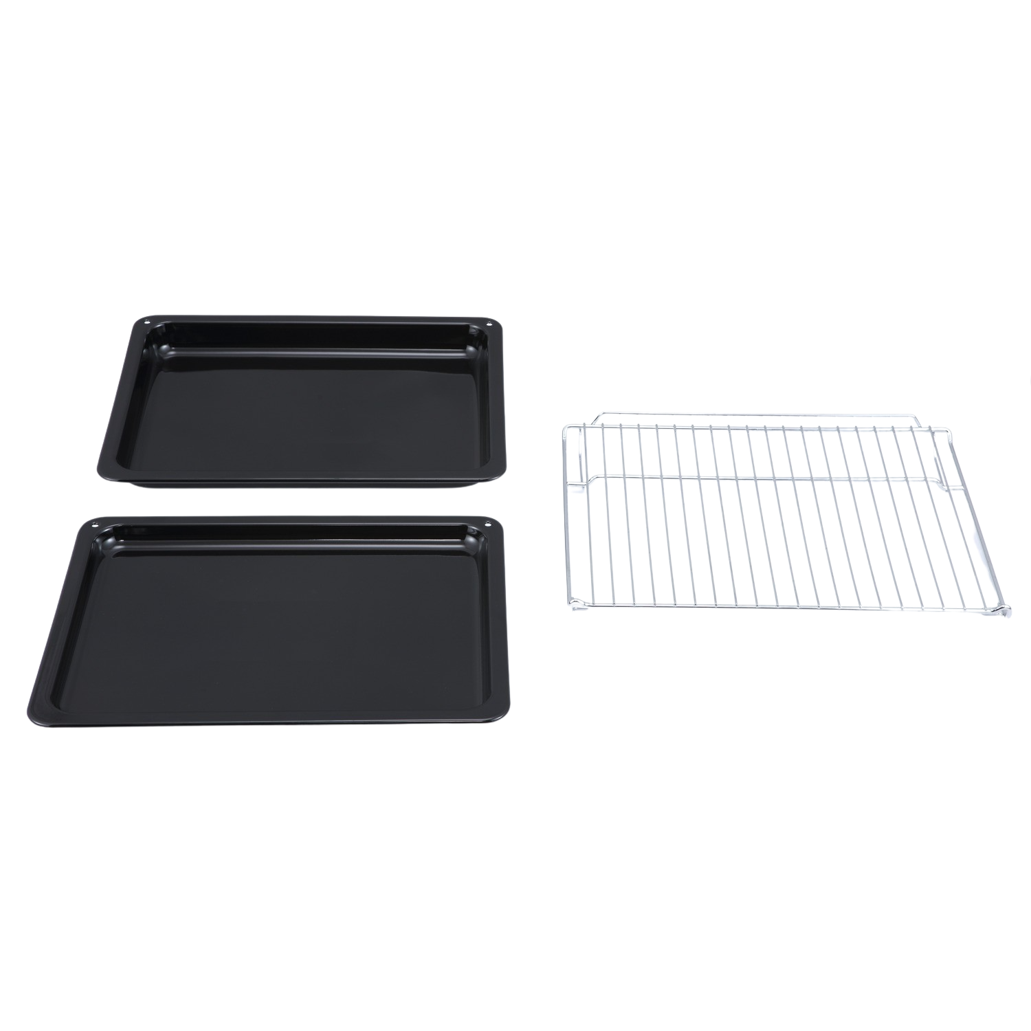 Two black baking trays and a white oven rack on a black background.